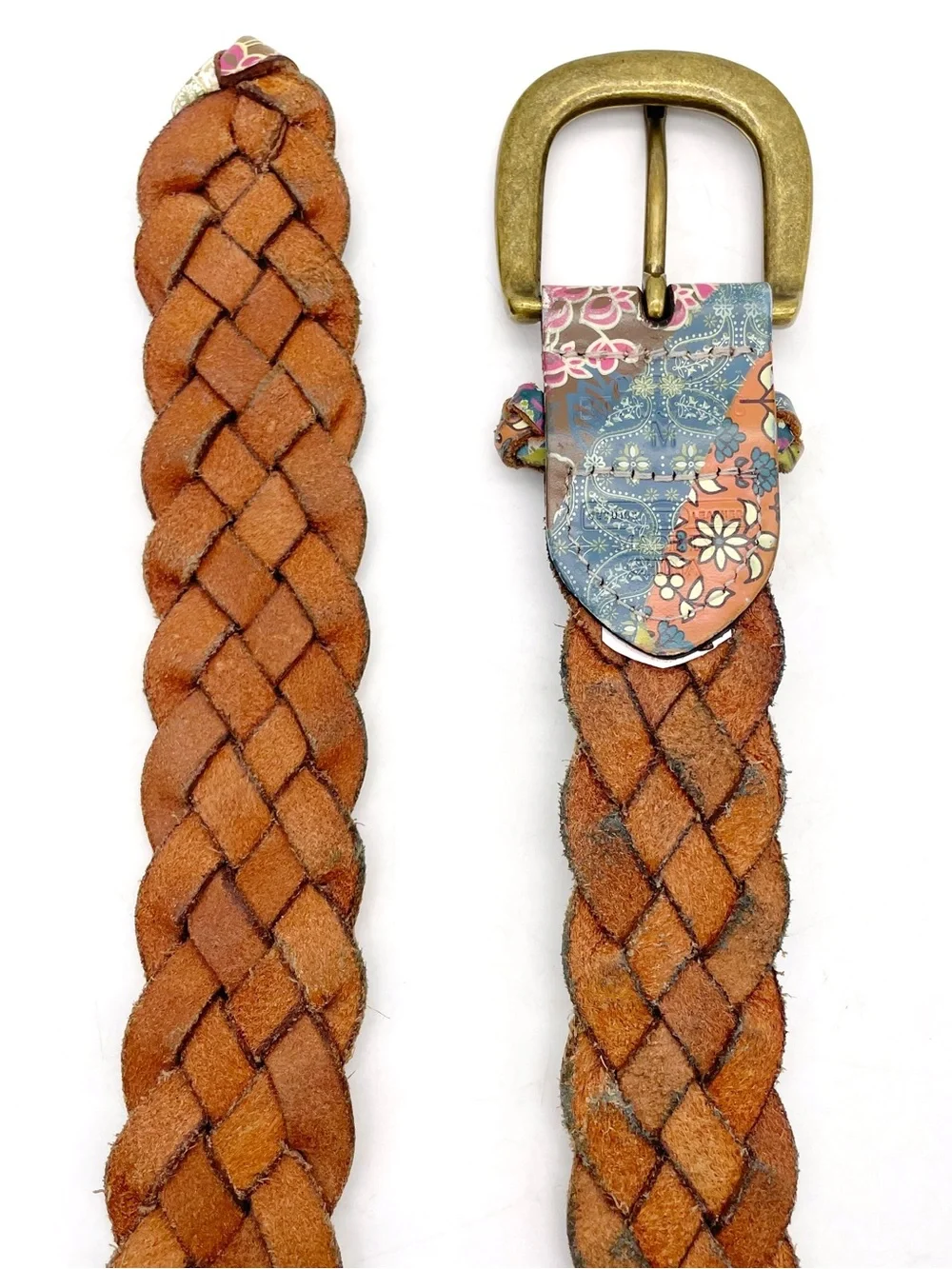 Fossil Braided Leather Belt Sz M Multicolor Patchwork Floral Boho Brass Buckle